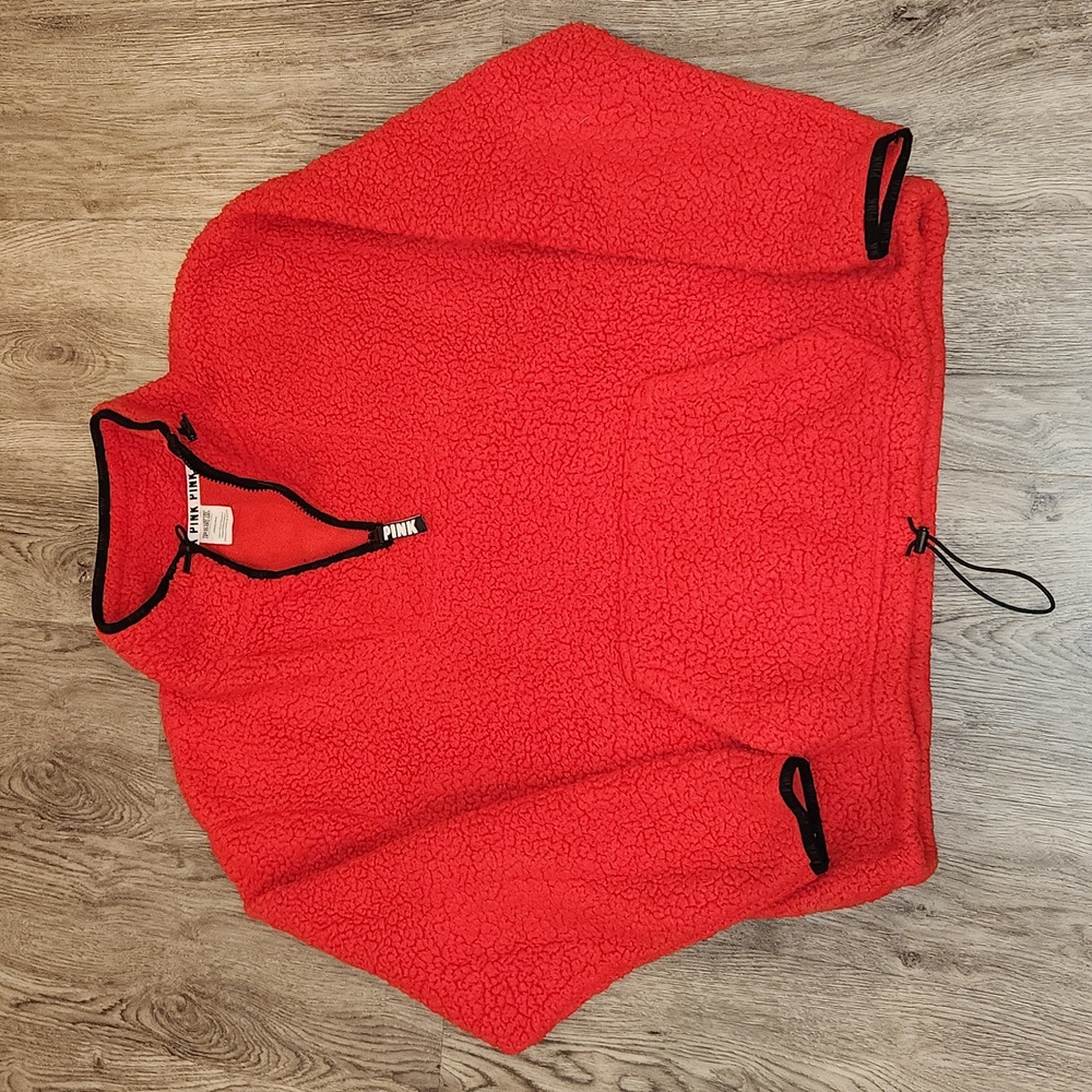 PINK Cozy Fleece 1/4 Zip Up Front Pocket Red Size Large
